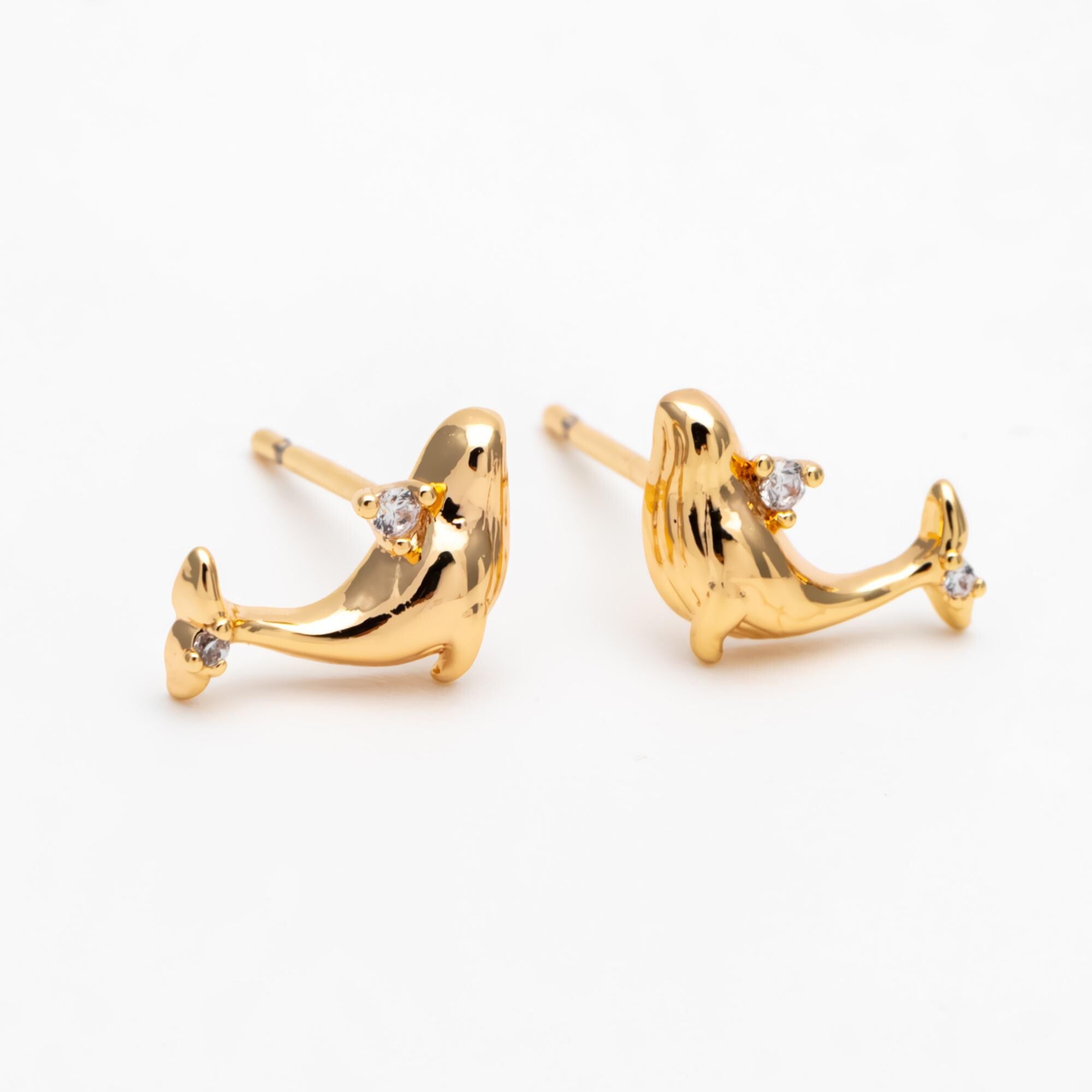 10pcs CZ Pave Gold/ Silver Tone Whale Earrings, 18K Real Gold/ Rhodium plated Brass, Cute Ocean Stud Earrings (GB-4460-G)